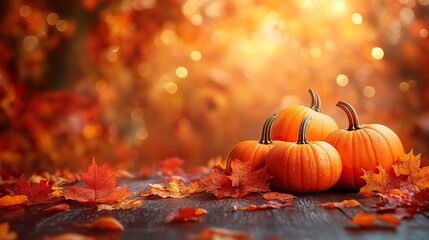 An autumn background with pumpkins and fall leaves on wooden table, with soft bokeh lights and room for copy space