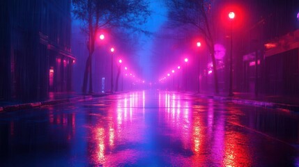 cyberpunk streets illuminated by neon lights in a dystopian city at night, with rain-soaked pavement reflecting vibrant colors, creating a moody atmosphere filled with mystery and futuristic elements