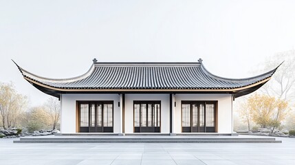 Obraz premium Traditional Chinese Anhui Hui-style Architecture with White Background, Platform, Roads, Parking Lots, and Brick Pavements for Car Advertisement Background