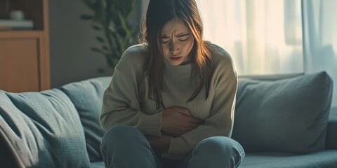 Fototapeta premium Young woman hunched over in pain, holding her stomach on a sofa, suggesting health-related issues.