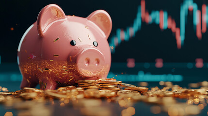Piggy bank spilling gold coins symbolizes savings and inflation trends
