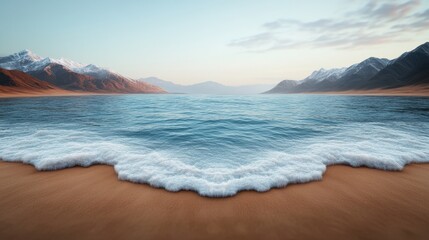 Tranquil Coastal Landscape with Snow Capped Mountains and Gentle Waves