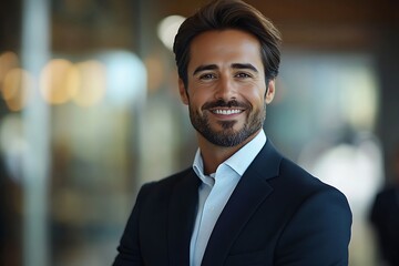 Confident Businessman Smiling in White Shirt and Suit, Blurred Background