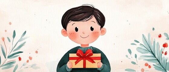 Smiling Boy Holding a Gift Wrapped in Red Ribbon, Festive Watercolor Illustration
