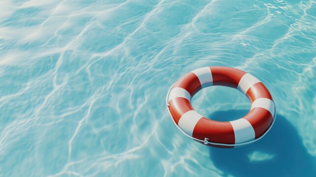 A red and white lifesaver on the surface of pool water.