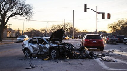 Fototapeta premium A silver car with its hood open and significant damage is seen at an intersection with another vehicle. The intersection has a traffic light and multiple cars in the background.