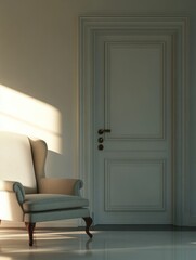 A sunlit room with a comfortable chair in the corner, highlighting its cream and beige textures.