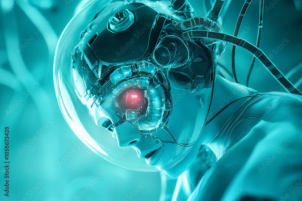 Aufkleber Futuristic humanoid robot with glowing features in a tech lab