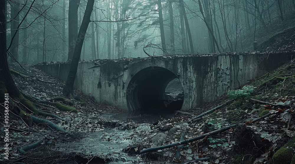 Poster a makeshift walled-up tunnel in a gloomy forest.