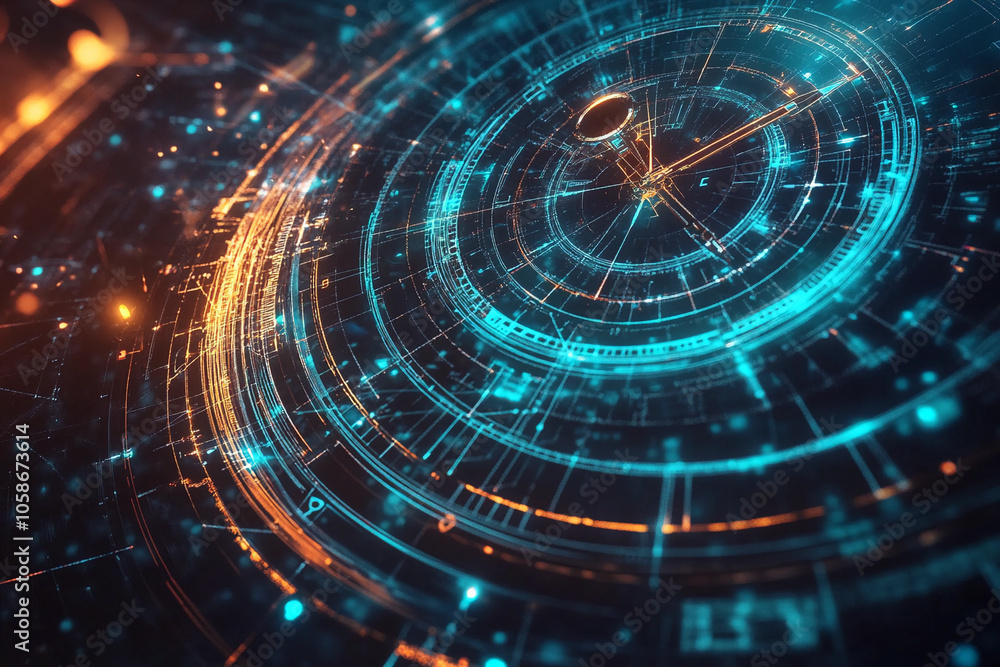Poster futuristic time concept with glowing blue and orange patterns