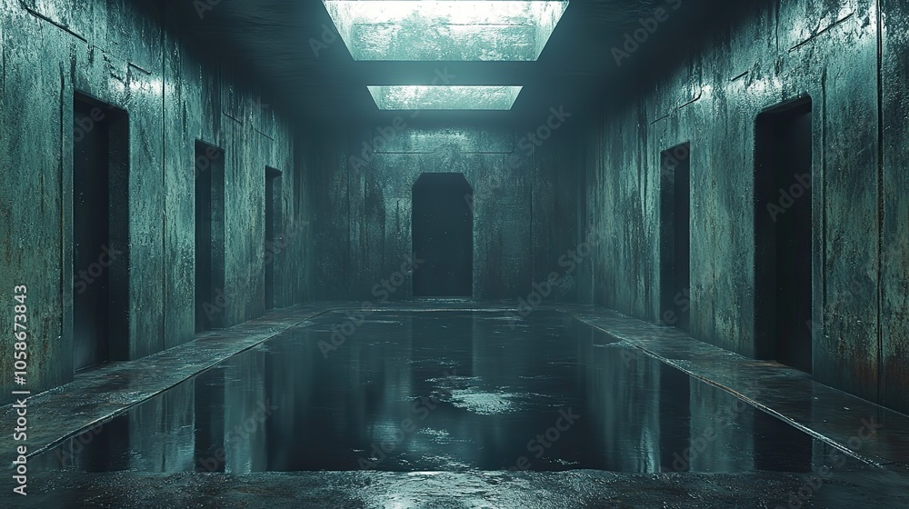 Poster an empty dark room depicted as futuristic sci-fi setting is rendered in 3d
