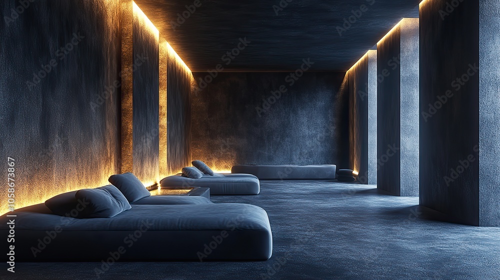 Poster an empty dark room depicted as futuristic sci-fi setting is rendered in 3d