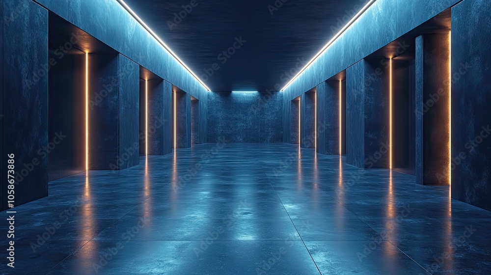 Poster an empty dark room depicted as futuristic sci-fi setting is rendered in 3d