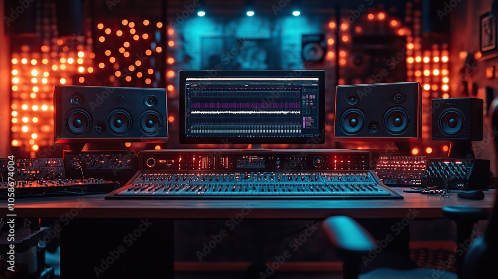Poster an empty music studio with computer monitors and mixing desk, set against the soft light of the blue