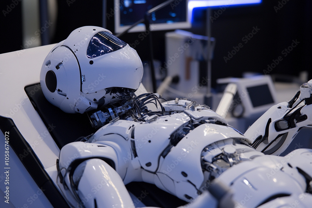 Poster advanced humanoid robot displayed in a tech exhibition hall
