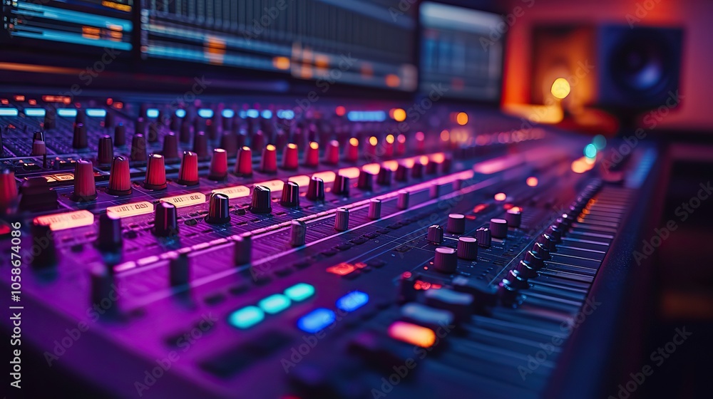 Poster an empty music studio with computer monitors and mixing desk, set against the soft light of the blue