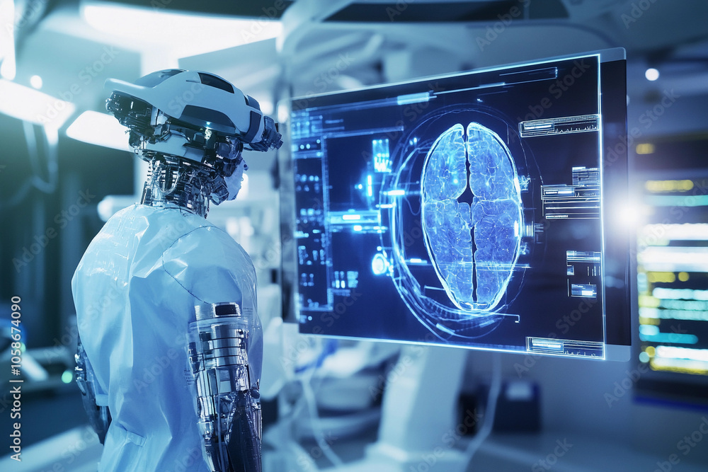 Aufkleber Robot analyzing brain data in a futuristic lab setting