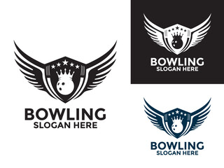 Bowling sports logo vector, Kings Bowling logo design template, Bowling with wings and crown logo