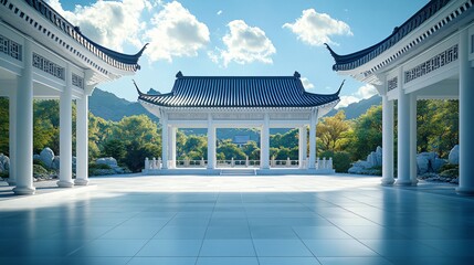 Obraz premium Traditional Chinese Anhui Hui-style Architecture with White Background, Platform, Roads, Parking Lots, and Brick Pavements for Car Advertisement Background