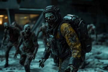 Fototapeta premium Survivor faces zombie horde in a desolate urban landscape