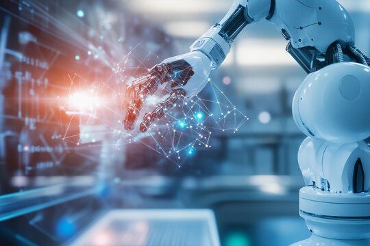 Robot arm interacting with digital interface in modern laboratory