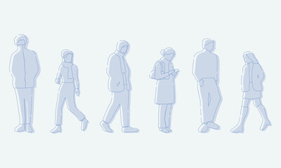 flat minimal people male and female vector illustration in winter clothing concept isolated set collection. Outline with silhouette shadow. For architecture rendering, design, info graphic, media