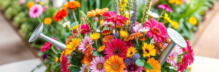 Colorful flowers arranged beautifully in a watering can, creating a stunning centerpiece, colorful, garden, stunning