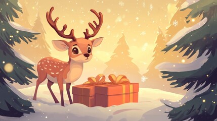 Naklejka premium A cute cartoon reindeer with big eyes stands in a snowy forest with a large gift box at its feet, looking at it with curiosity.