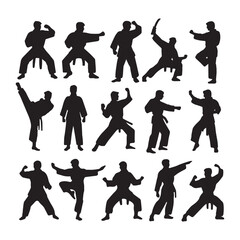 Set of silhouettes of people doing karate. Vector illustration.
