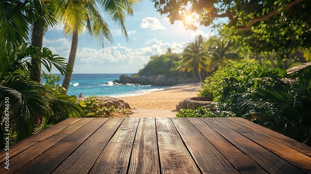 Poster an empty wooden table in front of blurred beach and palm trees conveys laid-back vacation atmosphere
