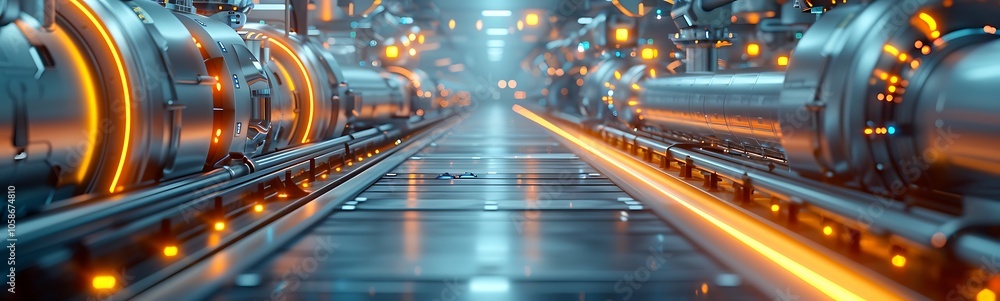 Aufkleber Description**: A futuristic industrial setting featuring glowing pipelines and a metallic track, embodying advanced technology and automation.