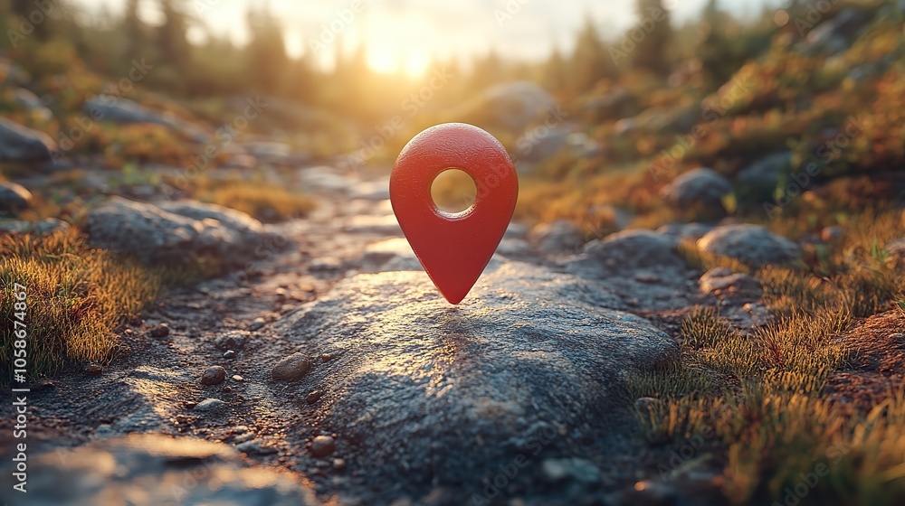 Poster an icon representing footpath walking trail with pin location and trek route markers
