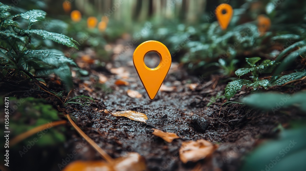 Poster an icon representing footpath walking trail with pin location and trek route markers