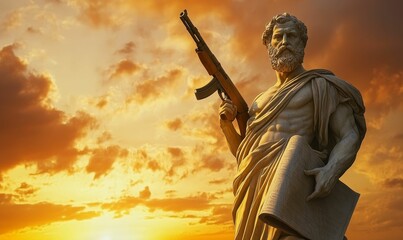 Obraz premium A statue holding a book and a rifle at sunset.