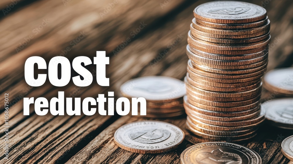 Poster a stack of coins on a wooden surface, highlighting the concept of cost reduction with text emphasizi