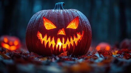 An illuminated Jack-o'-lantern with sharp, fanged teeth glowing against dark background, creating an eerie Halloween appearance