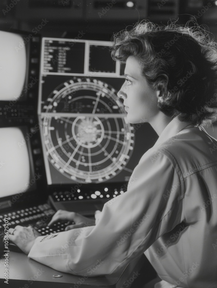 Poster historical image of female space scientist focused on computer screen, analyzing data in the control