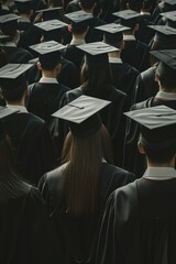 A crowd of graduates wearing caps and gowns at a commencement ceremony.