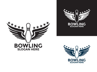 Bowling sports logo vector, Bowling Club logo design, Bowling with wings, Stars logo icon template