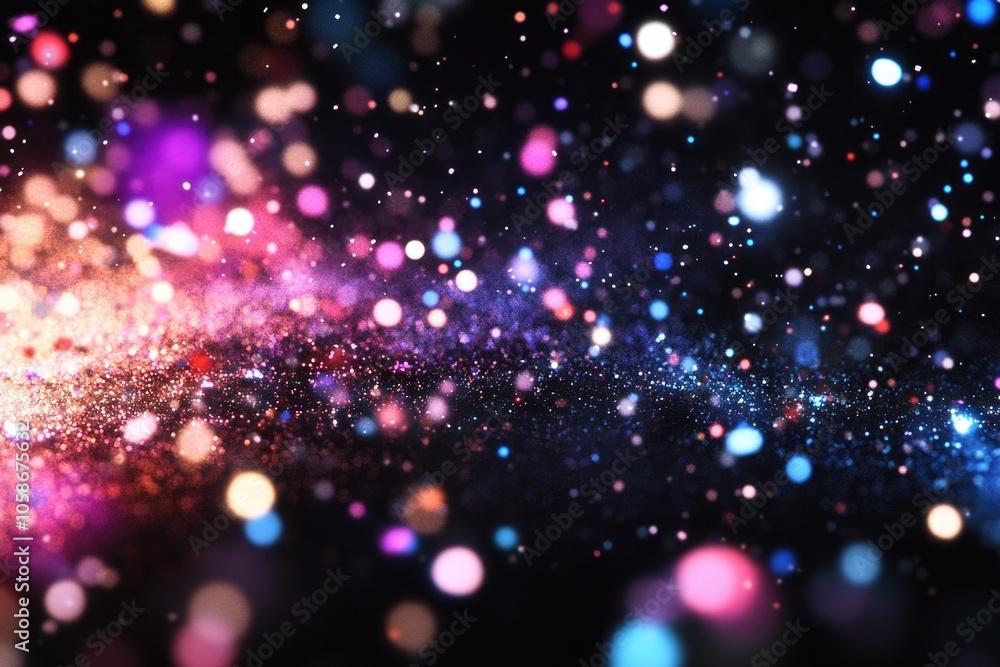 Poster background with starburst bokeh effect, sparkling glitter particles. dark space with cosmic ambiance
