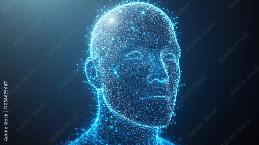 Poster abstract 3d render of human head with glowing dots and lines, representing ai and consciousness.