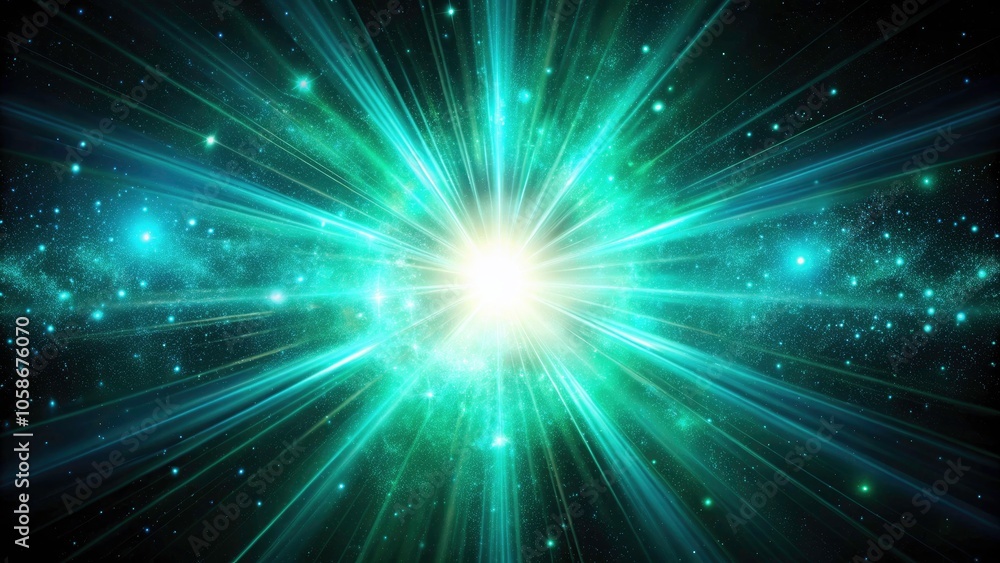 Poster celestial explosion in dynamic teal with sunburst effects and light rays