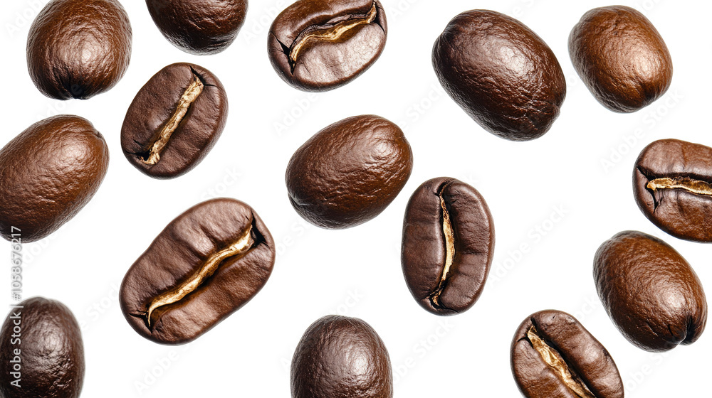 Aufkleber coffee beans falling from above on a transparent background generative ai