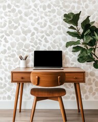 Charming vintage-inspired office featuring elegant patterned wallpaper for a nostalgic work atmosphere.