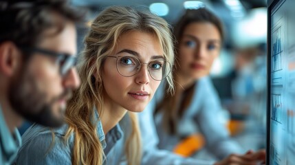 A diverse team of three young professionals are working together in an office. The woman in the foreground is looking directly at the camera