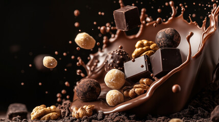 Dynamic composition of assorted chocolates, truffles, and nuts with a splash of melted chocolate, set against a dark background.