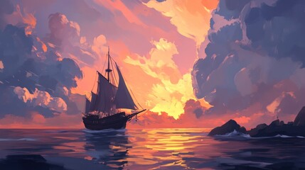 Naklejka premium A silhouette of a ship sailing on a calm sea at sunset with a dramatic sky filled with vibrant clouds.