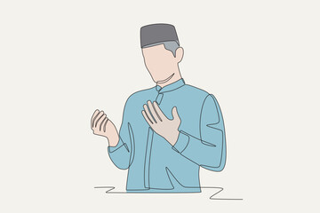 Colored muslim man praying. Praying concept one-line drawing