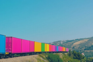 Fototapeta premium Freight train loaded with colorful cargo containers, moving under a clear blue sky 
