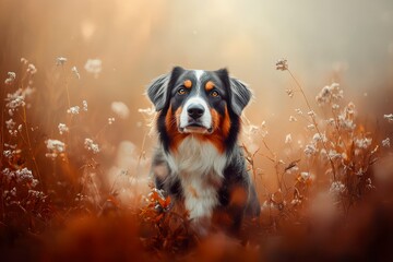 Australian Shepherd adult dog, strong build, tri-color coat, alert and loyal, standing confidently in field